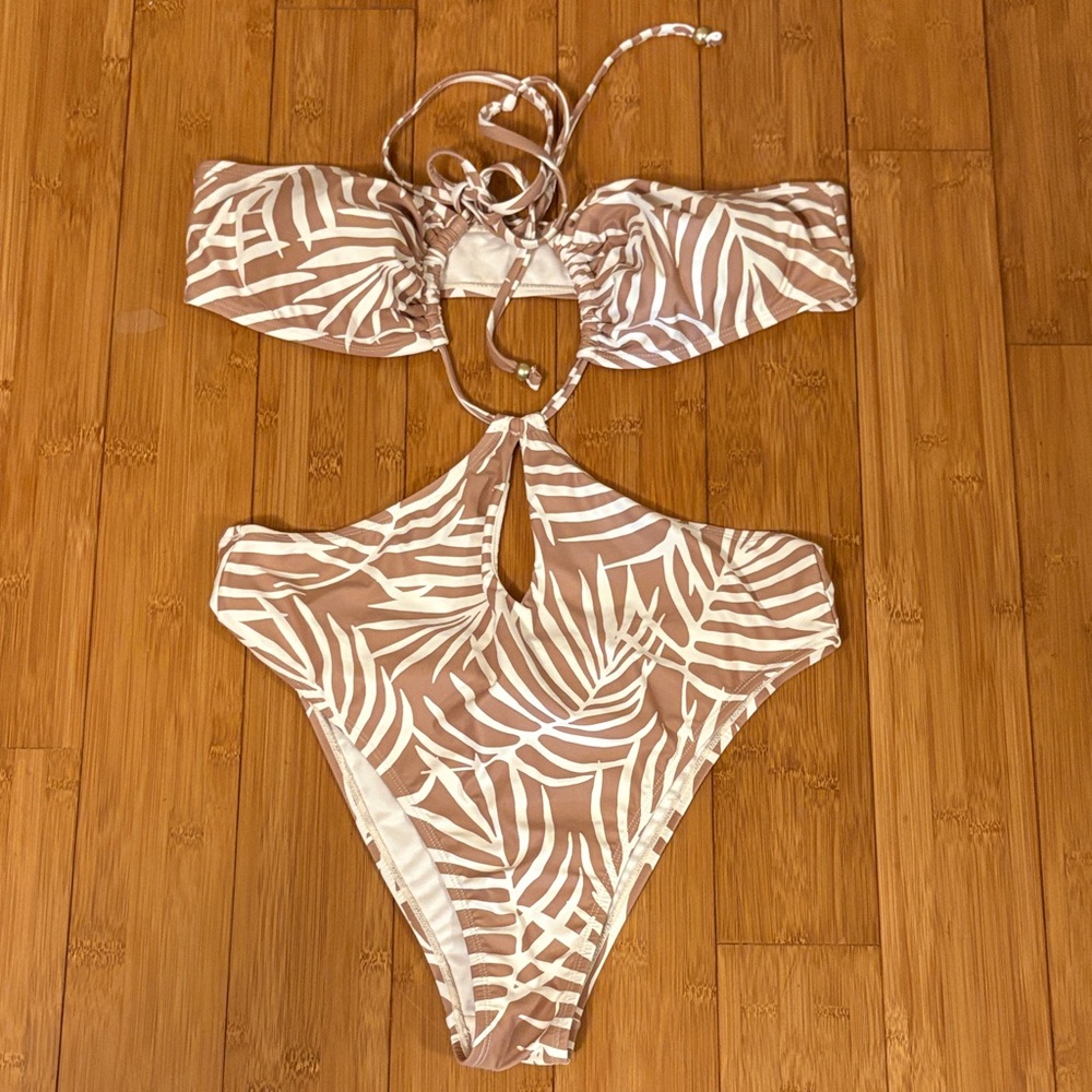 Forever 21 Tropical Leaf Cutout One-Piece Swimsuit in Taupe and Cream XL